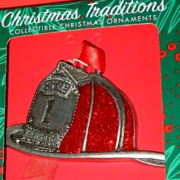 Christmas Tree Ornament Red Glitter/Pewter Trim Firefighter's Helmet Made In USA - Picture 8 of 9